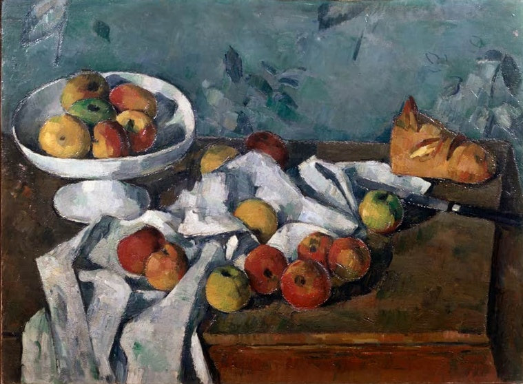 Paul Cézanne Stillleben mit Obstschale, Äpfeln und Brot Kunstkopie, Äpfel und Brot auf Tuch vor blaugrüner Wand
