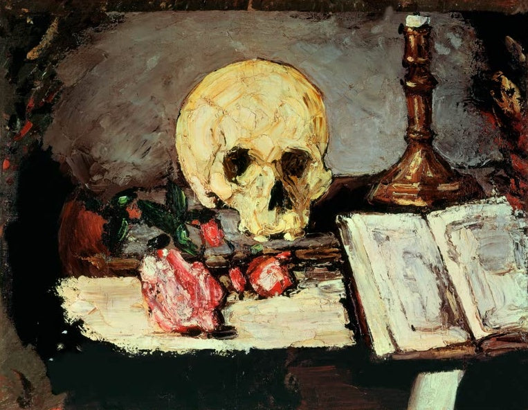 Paul Cézanne Stillleben mit Totenschädel und Kerzenleuchter Kunstkopie, Schädel, Rosen und aufgeschlagenes Buch