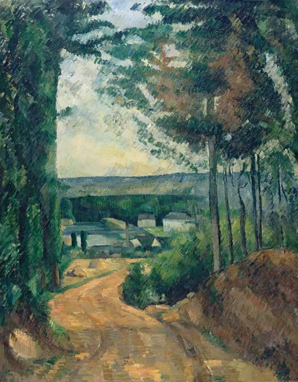 Paul Cézanne Straße zum See Kunstkopie, gelber Weg führt zwischen hohen grünen Bäumen zu Häusern am Wasser