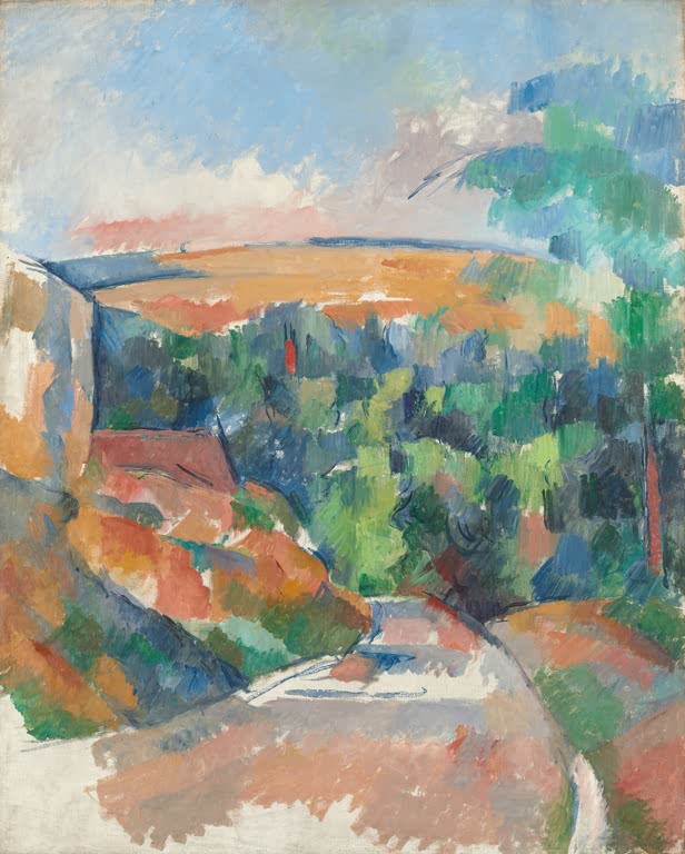 Gewundener heller Weg durch bunte, hügelige Landschaft – Paul Cézanne The Bend in the Road Kunstkopie