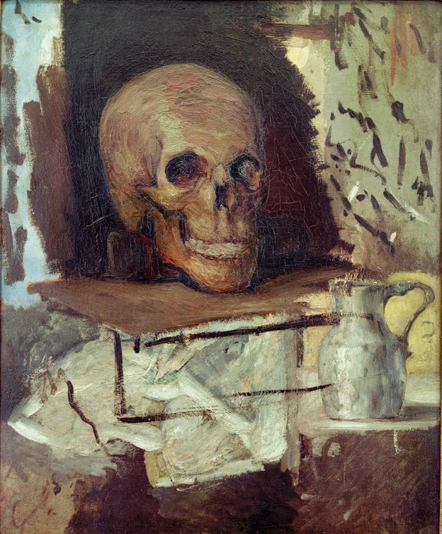 Paul Cézanne Totenkopf und Kanne Kunstkopie, Schädel auf einem Brett neben einem grauen Krug vor erdigem Grund
