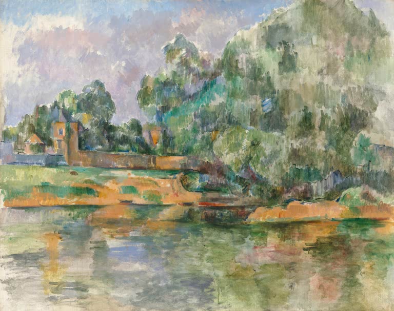 Ruhiger Fluss spiegelt Uferbäume und Gebäude in hellen Farben – Paul Cézanne Ufer eines Flusses Kunstkopie