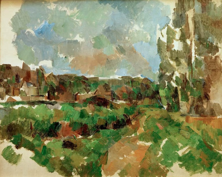 Paul Cézanne Uferlandschaft Kunstkopie, dichtes Blattwerk am Flussufer unter bewölktem Himmel in kräftigen Grüntönen