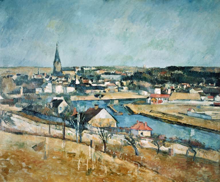 Dorf mit Kirchturm am Fluss unter blauem Himmel – Paul Cézanne Un village Kunstkopie