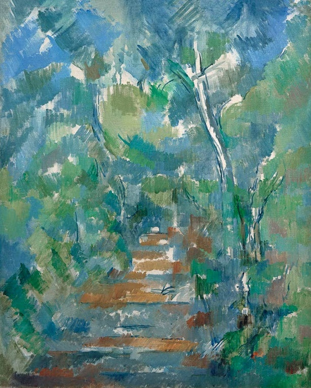 Paul Cézanne Waldweg in der Provence Kunstkopie, lichter Weg mit ockerfarbenen Stufen zwischen blaugrünen Bäumen
