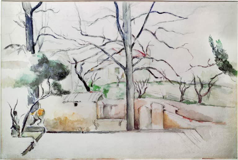 Kahle Bäume im Schnee vor Gartenmauer und Haus, Aquarell – Paul Cézanne Winter im Jas de Bouffan Kunstkopie