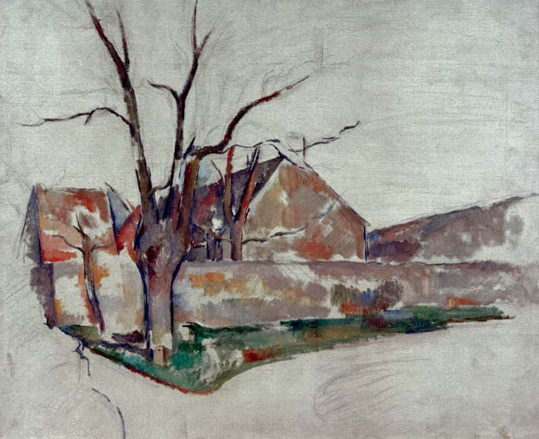 Paul Cézanne Winterlandschaft mit Gehöft Kunstkopie, kahler Baum vor Bauernhaus in unvollendeter winterlicher Ölskizze