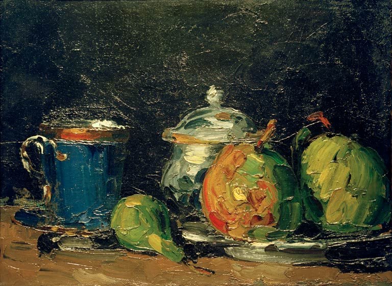 Blaue Tasse, Zuckerdose und Birnen auf dunklem Tisch – Paul Cézanne Zuckerdose, Birnen und blaue Tasse Kunstkopie