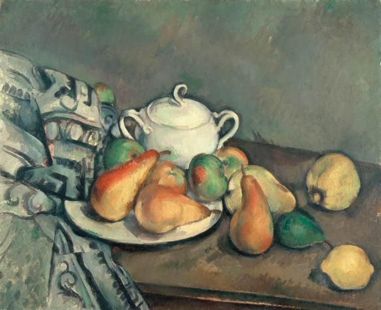 Paul Cézanne Zuckerdose, Birnen und Tuch Kunstkopie, Stillleben mit weißer Zuckerdose, Birnen, Äpfeln und Zitrone