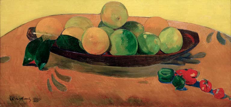 Schale mit grünen Früchten und rote Paprika auf orangem Tuch – Paul Gauguin Nature morte aux fruits et piments Kunstkopie