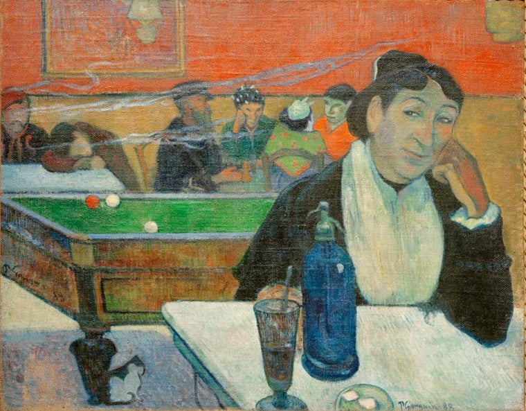 Frau mit aufgestütztem Kopf am Tisch eines nächtlichen Cafés mit Billardtisch – Paul Gauguin Un Café de nuit Kunstkopie