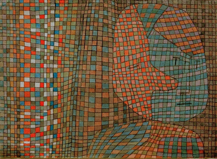 Kopf in buntem Mosaik aus kleinen Quadraten in Orange, Blau und Grün – Paul Klee Abseitig Kunstkopie