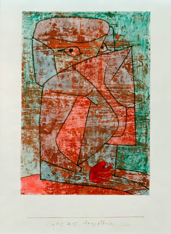Kantig gezeichnete Figur mit roten Händen in Rot-, Blau- und Türkistönen – Paul Klee Ägypterin Kunstkopie
