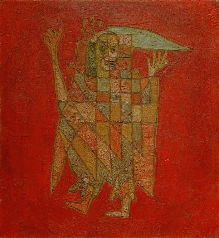 Kostümierte Figur aus Karomustern vor leuchtend rotem Grund – Paul Klee Allegorische Figurine (Verblassung) Kunstkopie