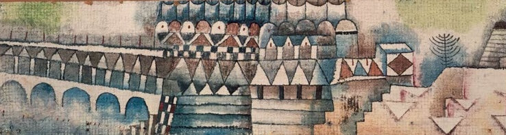 Treppen, Bögen und Dächer einer Stadt mit Brücke in Blau und Ocker – Paul Klee Alte Stadt und Brücke Kunstkopie