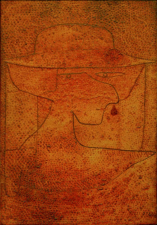 Orangerotes Porträt einer Figur mit Hut, fein punktierte Oberfläche – Paul Klee Altes Mädchen Kunstkopie