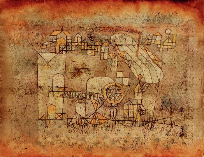 Luftschiff über Häusern und Schriftzug Ankunft auf orangerotem Grund – Paul Klee Ankunft des Luft=dampfers Kunstkopie