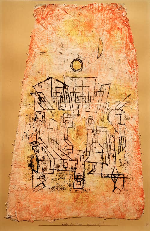 Fein gezeichnete Häuser mit Sonne und Mondsichel auf orangegelb getupftem Grund – Paul Klee Arabische Stadt Kunstkopie