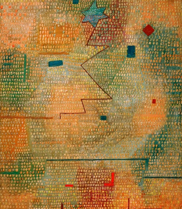Orangegelber Farbgrund mit blauem Stern, Zickzacklinie und kleinen Farbflecken – Paul Klee Aufgehender Stern Kunstkopie
