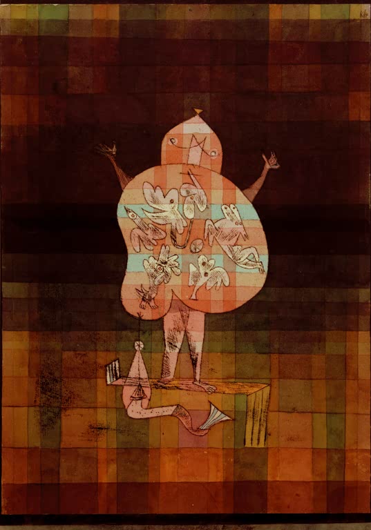 Gestreckte Figur mit gemustertem Körper und Fabelwesen auf Karogrund – Paul Klee Bauchredner und Rufer im Moor Kunstkopie