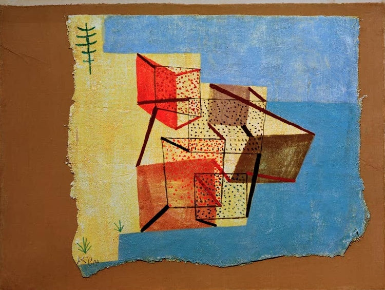 Gelb und blau gemalte Würfelhäuser am Ufer auf braunem Grund – Paul Klee Bebautes Ufer Kunstkopie