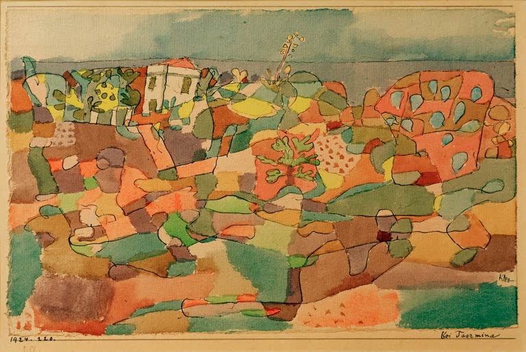 Buntes Mosaik aus Feldern, Haus und Pflanzen unter grauem Himmel – Paul Klee Bei Taormina Kunstkopie