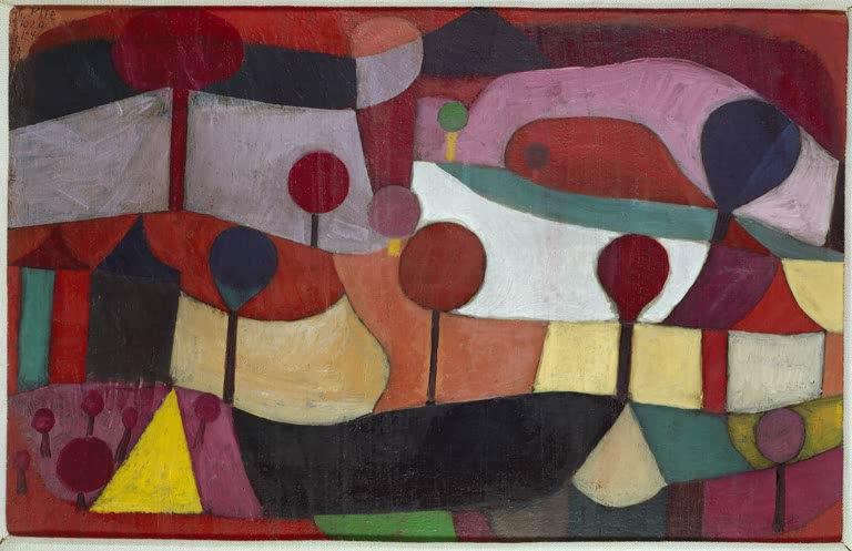 Rote Kugelbäume vor wellig gestaffelten Flächen in Rosa, Violett und Ocker – Paul Klee Bewegte Landschaft Kunstkopie