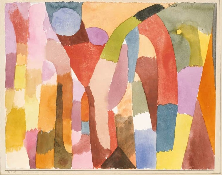 Abstrakte Aquarellflächen in Rot, Gelb, Rosa und Blau mit grünem Bogen – Paul Klee Bewegung der gewölbten Kammern Kunstkopie