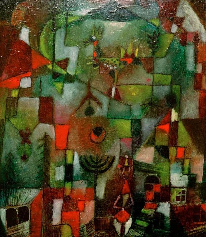 Bunte Häuser mit Hahn und siebenarmigem Leuchter in Grün und Rot – Paul Klee Bild mit dem Hahn und dem Grenadier Kunstkopie