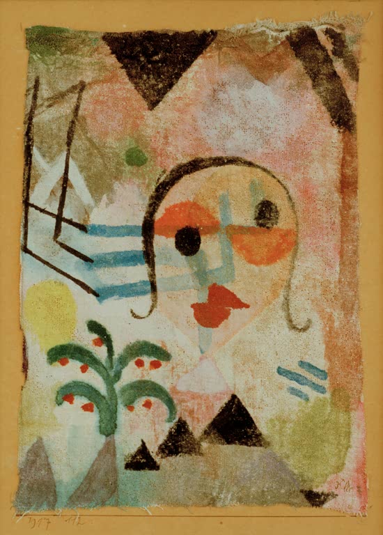 Gesicht mit roten Lippen und schwarzen Augen auf zart gefärbtem Gewebe – Paul Klee Bildnis einer Rothaarigen Kunstkopie