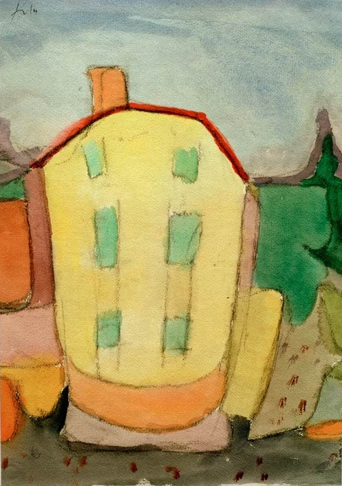Gelbes Haus mit rotem Dach und grünen Fenstern vor blaugrauem Himmel – Paul Klee Bildnis eines Hauses Kunstkopie