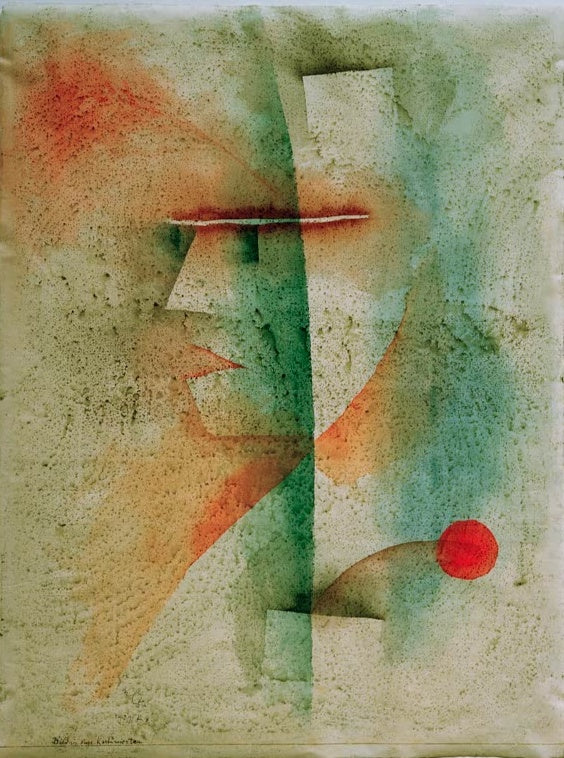 Seitlich gesehener Kopf mit rotem Mund in grün-orangen Aquarelltönen – Paul Klee Bildnis eines Kostümierten Kunstkopie