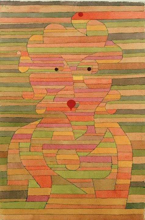 Frauenbildnis aus waagerechten Farbstreifen in Orange, Grün und Rosa – Paul Klee Bildnis Frau Gl. Kunstkopie