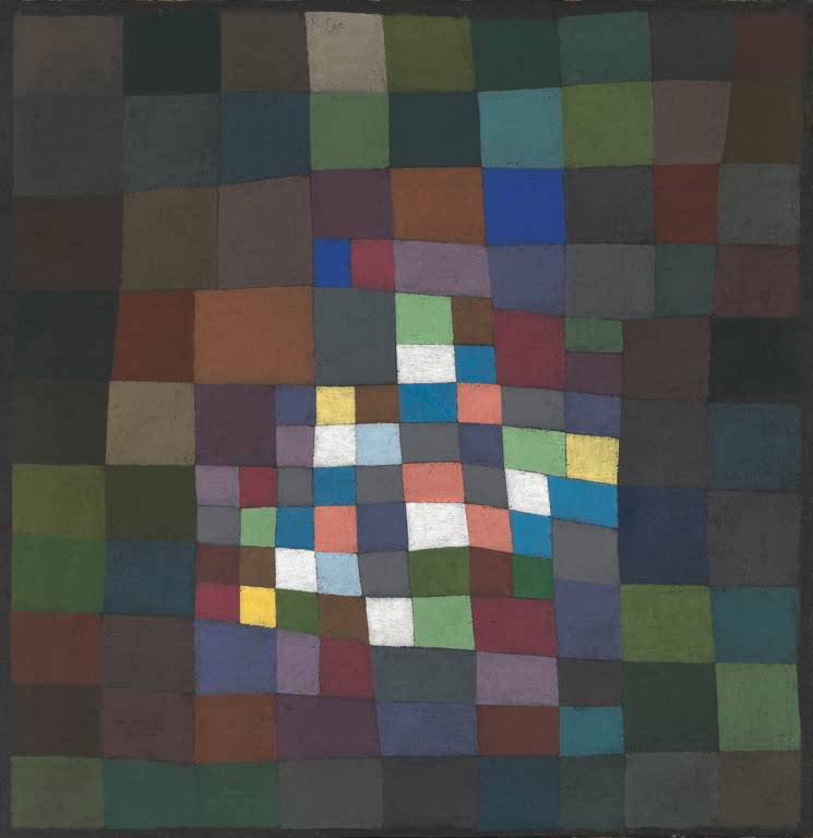Mosaik aus bunten Farbfeldern in Grün, Blau und Rosa auf dunklem Grund – Paul Klee Blühend Kunstkopie