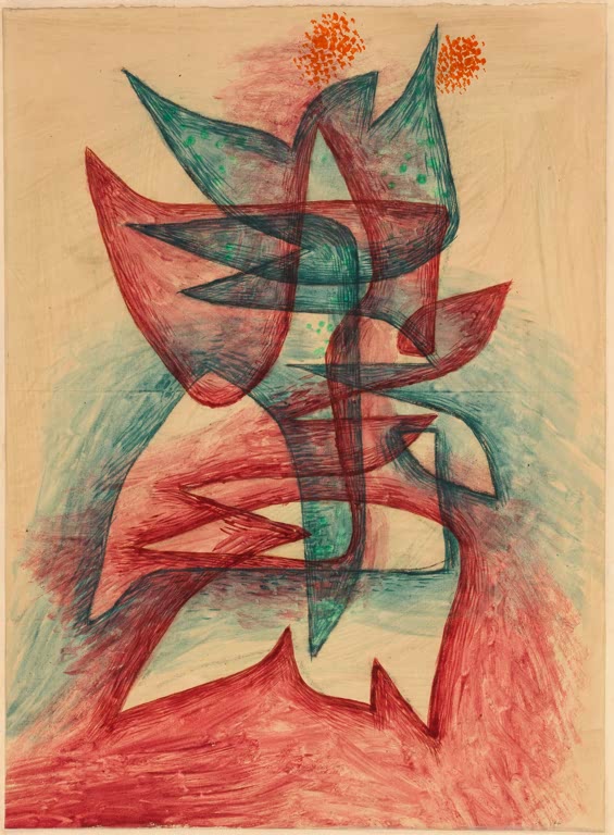 Pflanzenartige Form in Rot und Blaugrün mit orangen Tupfen auf Papier – Paul Klee Blühende Pflanze Kunstkopie