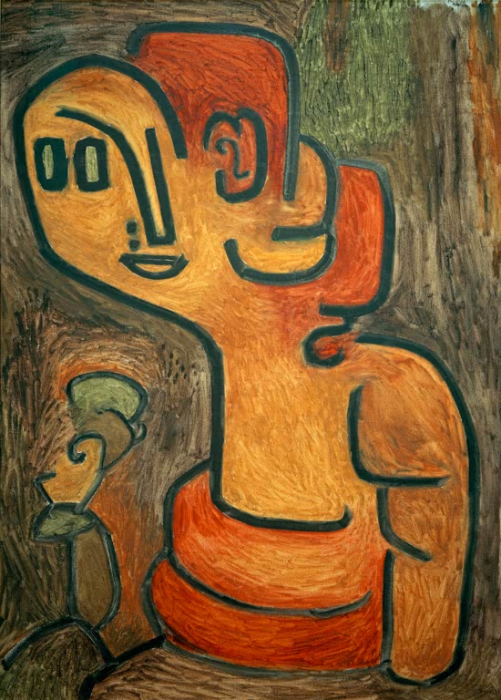 Orange-rote Büste mit großem Gesicht und schwarzer Kontur vor braunem Grund – Paul Klee Brustbild der Gaia Kunstkopie