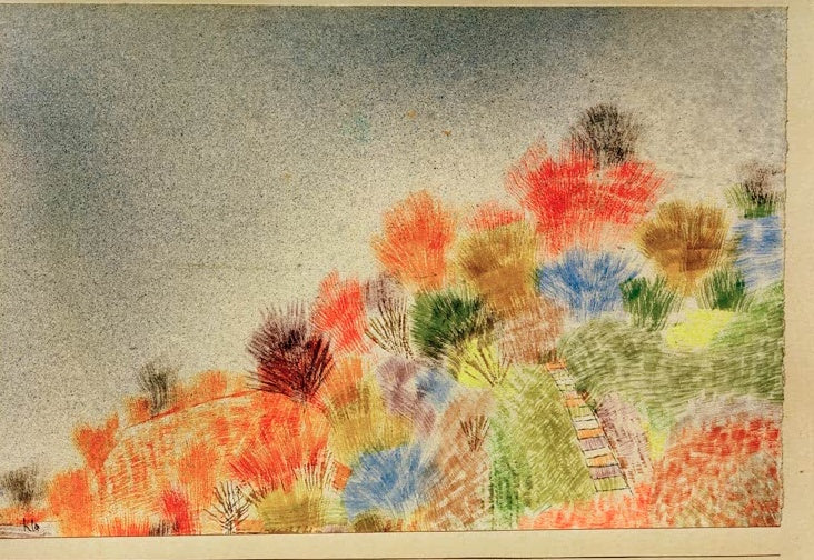 Bunte Büsche in Orange, Rot, Blau und Grün vor grauem Himmel – Paul Klee Büsche im Frühling Kunstkopie