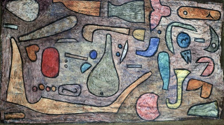 Abstrakte Zeichen und Formen in Rot, Blau, Grün und Gelb auf violettgrauem Grund – Paul Klee Bunt Kunstkopie