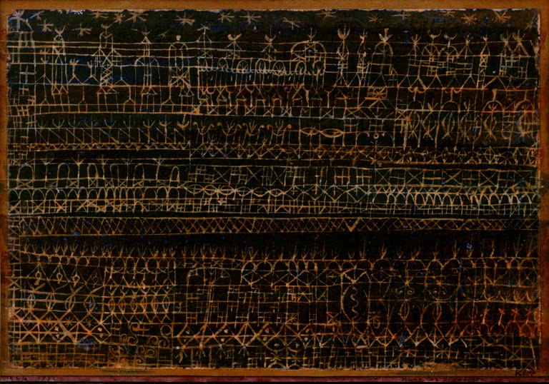 Dunkles Bild mit gitterartigen, hell gezeichneten Türmen und Bögen in Reihen – Paul Klee Burg der Gläubigen Kunstkopie