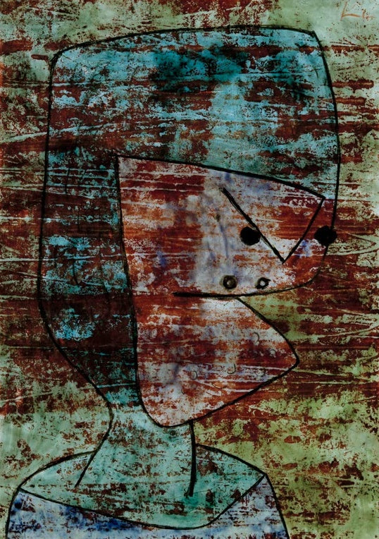 Grobschlächtiger Kopf mit Hut vor rostrot-türkis gesprenkeltem Grund – Paul Klee Charon Kunstkopie