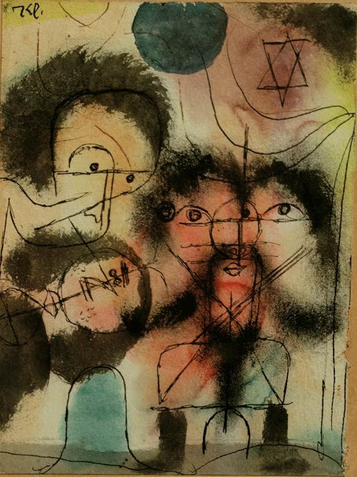 Aquarellierte Gesichter mit dunklen Schattenwolken und Davidstern auf Pappe – Paul Klee DAEMONEN Kunstkopie