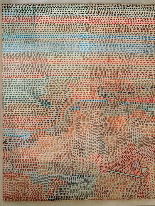 Dämmrige Landschaft aus feinen Punktreihen in Rosa, Blau und Beige – Paul Klee Das Ganze dämmernd Kunstkopie
