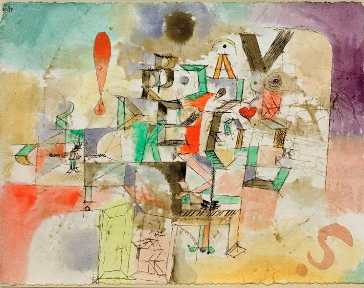 Buchstaben, Ausrufezeichen und Klavier in zarten Aquarellfarben – Paul Klee Das litterarische Klavier Kunstkopie
