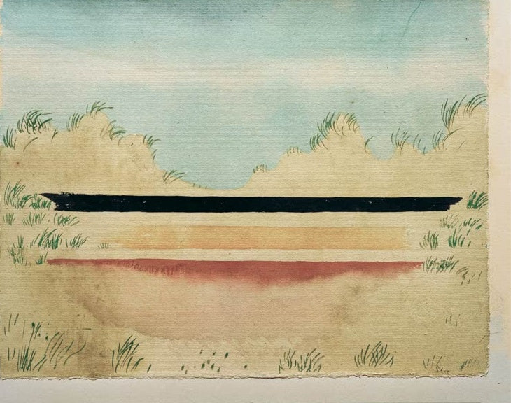 Paul Klee Das Meer hinter den Dünen Kunstkopie, sandfarbene Dünen mit Gräsern unter hellblauem Himmel mit Farbbändern