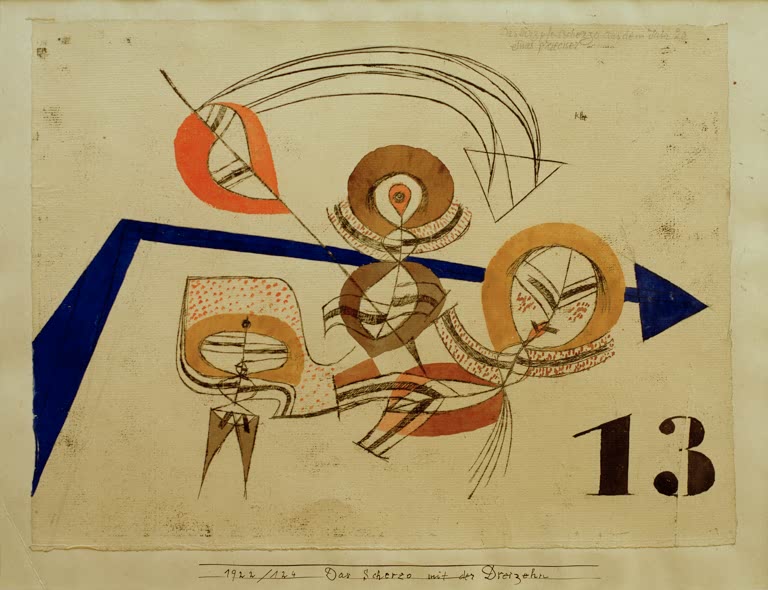 Blauer Pfeil, Scheiben und Linienfiguren, dazu eine schwarze 13 – Paul Klee Das Scherzo mit der Dreizehn Kunstkopie