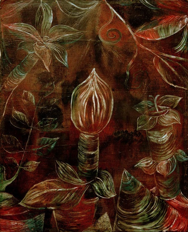 Leuchtende Knospe und Blätter auf dunkelrotem Grund – Paul Klee Decoratives Pflanzenbild Die Knospe Kunstkopie