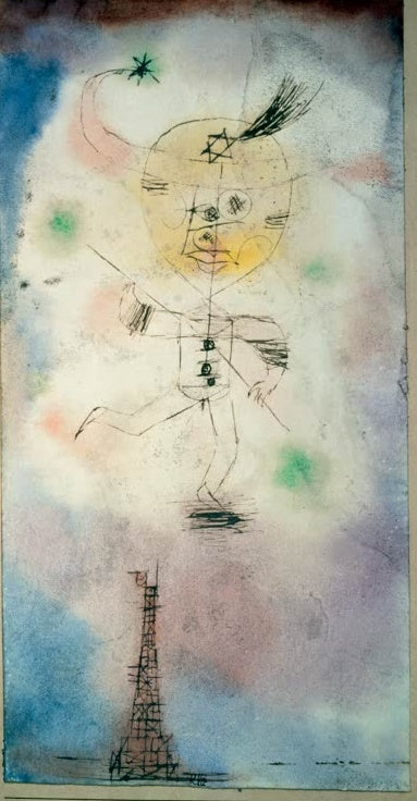 Schwebende Figur mit gelbem Gesicht vor zart bunten Wolken über einem Turm – Paul Klee Der Komet von Paris Kunstkopie