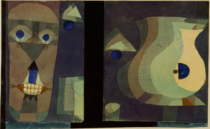 Zwei Bildfelder: Gesicht mit blauen Augen und Krug in Grün, Violett und Creme – Paul Klee Der Töpfer Kunstkopie