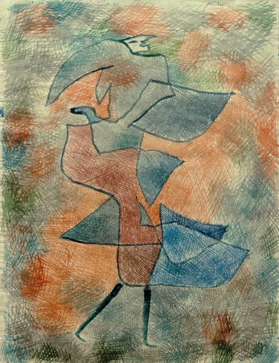 Windgepeitschte Gestalt in Blau und Rot, schraffiert vor farbigem Grund – Paul Klee Diana im Herbstwind Kunstkopie