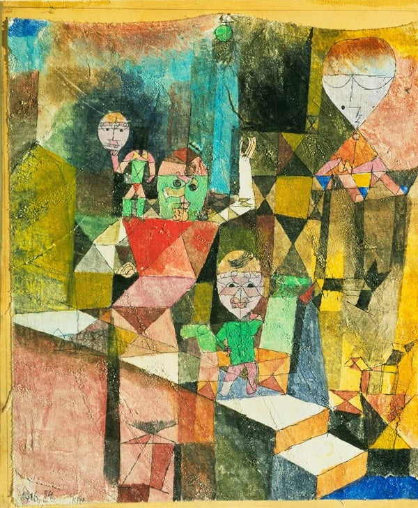 Kleine Figuren, grünes Gesicht und Ballon in bunten Dreiecksflächen – Paul Klee Die Verkündigung des Wunders Kunstkopie
